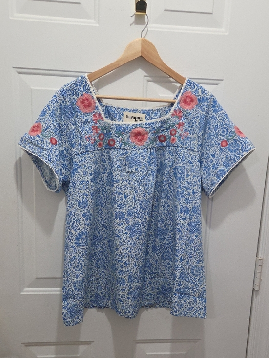 Savanna Jane Tops - Savanna Jane Blue Floral Embroidered Short Sleeve Blouse